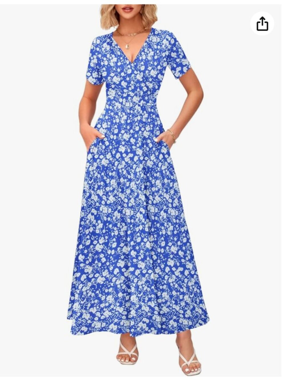WNEEDU Women's Summer Maxi Dress Wrap Short Sleeve with Pockets - Medium